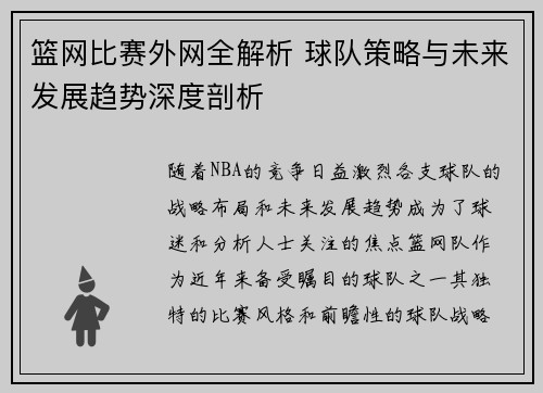 篮网比赛外网全解析 球队策略与未来发展趋势深度剖析