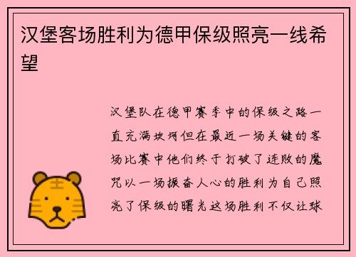 汉堡客场胜利为德甲保级照亮一线希望